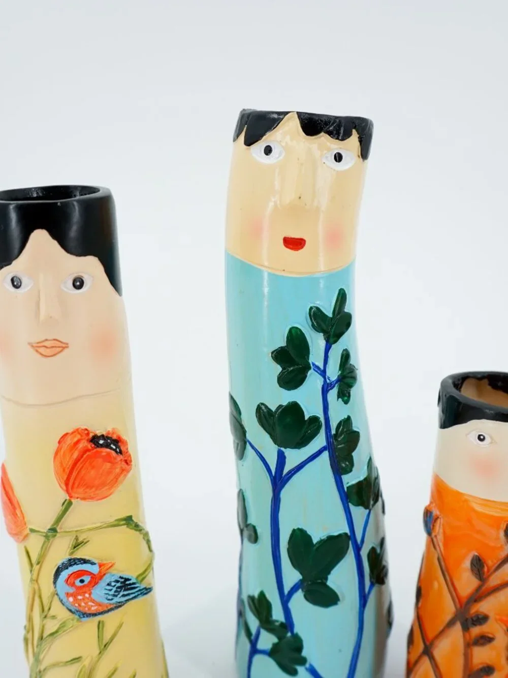 Set of 3 Hand Painted Ceramic Face Cylinder Vases, Women Floral Bird Decor